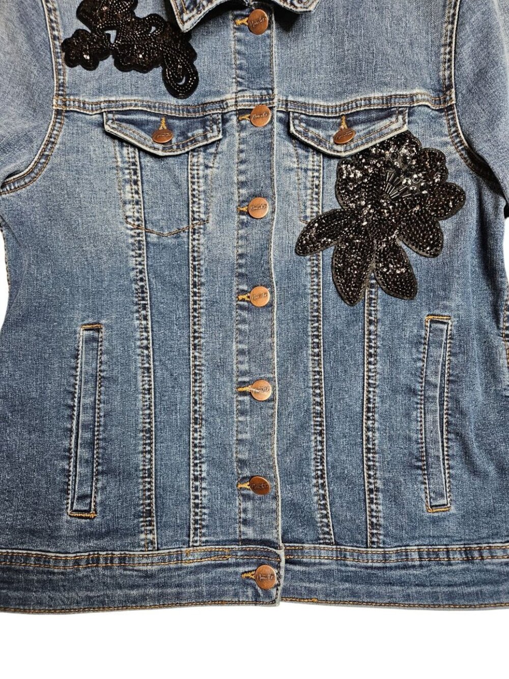 Nanette Lepore Womens XS Denim Button Jacket Black Sequin Floral Streetwear - Picture 9 of 11
